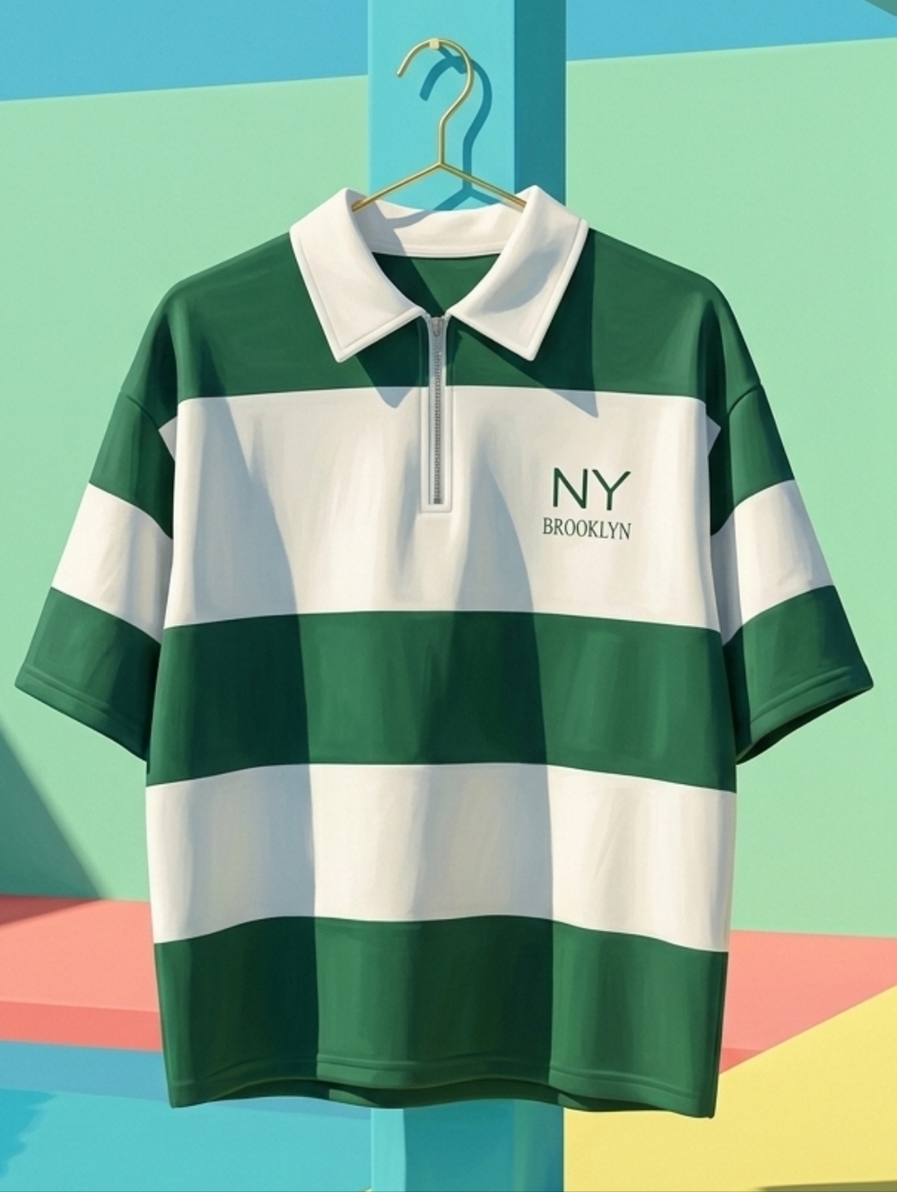 NY Oversized Boyfriend FIT Collared Brooklyn Green & White Striped Polo Shirt